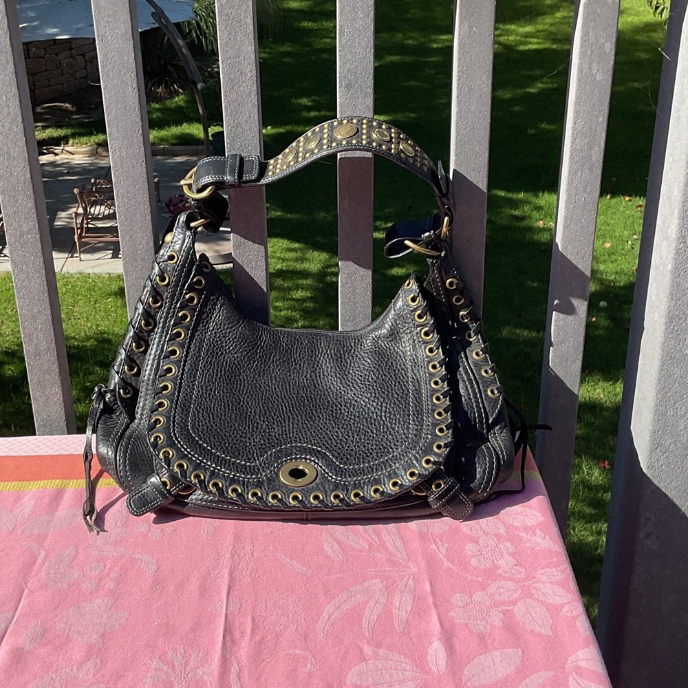 Coach Black Leather Hobo Bag with Gold Accents